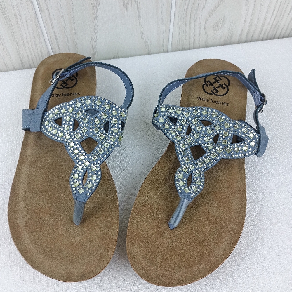 Daisy Fuentes beaded sandals juniper 5.5M blue with rhinestone strapped thong - Picture 2 of 8
